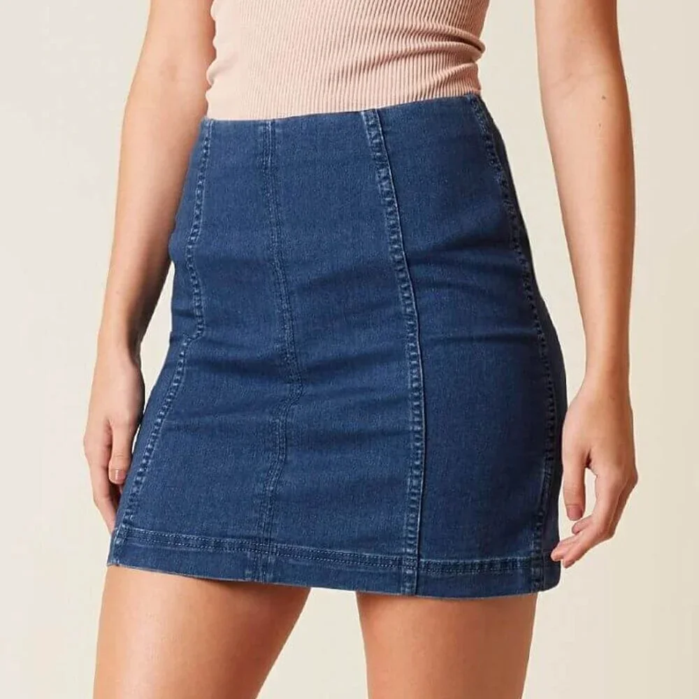 Free People Modern Femme Denim Mini Skirt Womens 6 Blue Back Zip Stretch Short